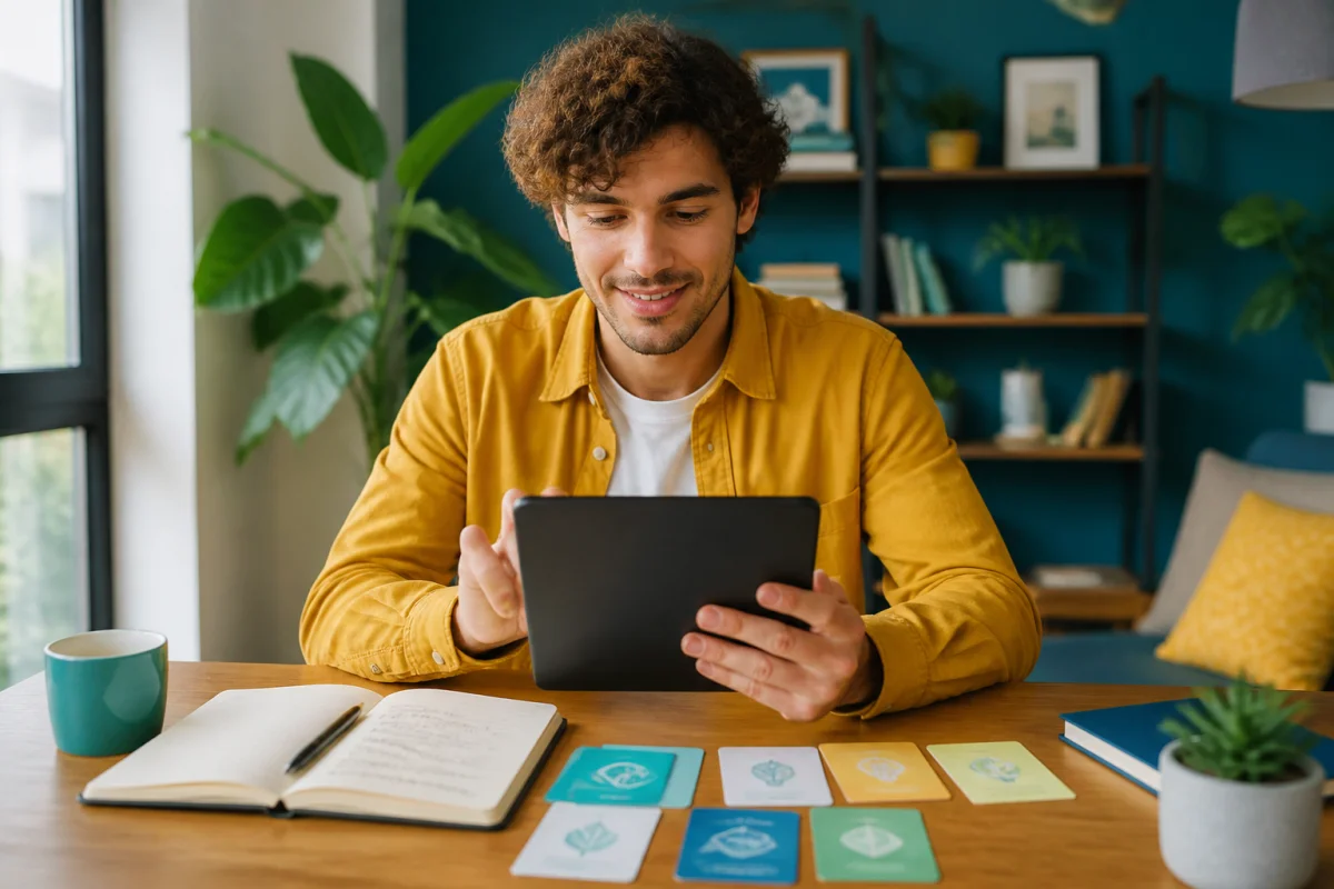 Jeune adulte consultant Afterfly sur une tablette dans un espace de travail lumineux, entouré de plantes et de cartes thématiques.