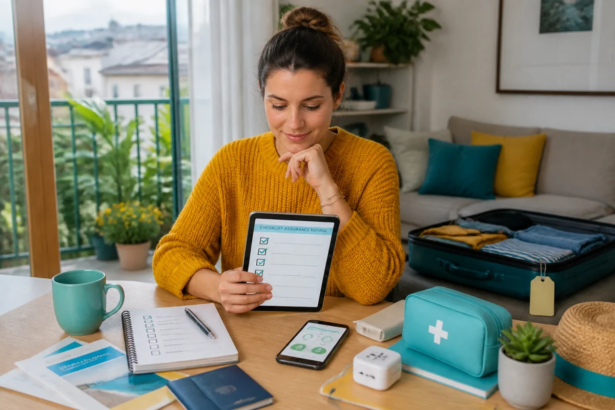 Voyageuse préparant une assurance voyage pour séjour à l’étranger avec tablette, passeport et valise ouverte