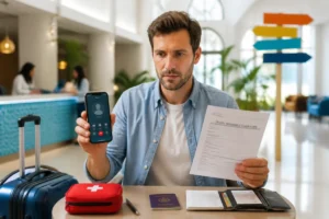 Voyageur à l’étranger consultant son téléphone et ses documents d’assurance voyage pour séjour à l’étranger