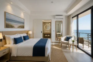 Chambre d’hôtel en bord de mer avec lit confortable, balcon, baie vitrée et vue dégagée sur l’océan