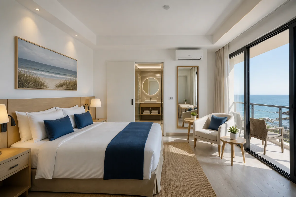 Chambre d’hôtel en bord de mer avec lit confortable, balcon, baie vitrée et vue dégagée sur l’océan