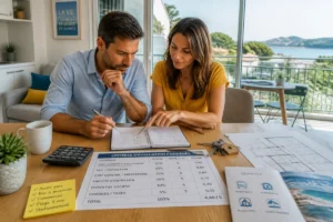 Couple évaluant un logement de vacances avec carnet et tableau pondéré pour définir leur budget immobilier pour vacances.