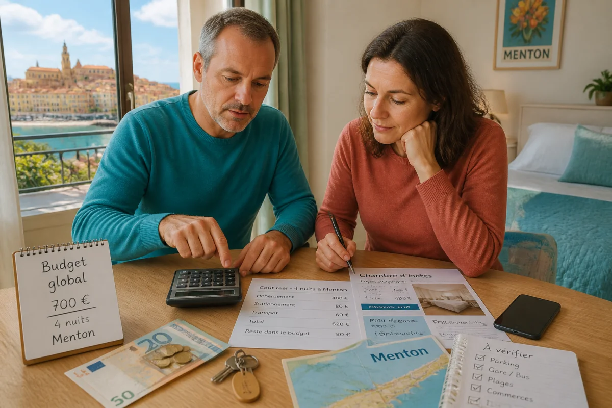 Couple comparant un budget immobilier pour vacances à Menton, avec calculatrice, documents de réservation et vue sur la mer.