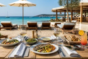 Calamia Plage 06 avec table méditerranéenne, transats confortables et cocktail fruité face à la mer turquoise
