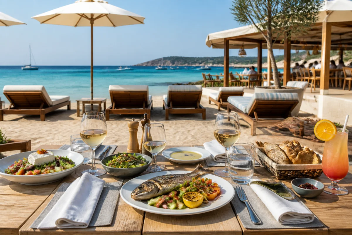 Calamia Plage 06 avec table méditerranéenne, transats confortables et cocktail fruité face à la mer turquoise