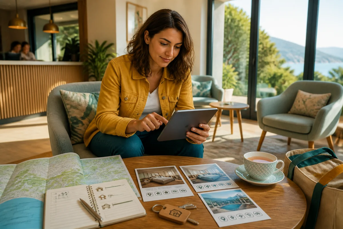 Voyageuse comparant des hébergements avec tablette, carte et critères de choix pour un guide complet : voyage & tourisme