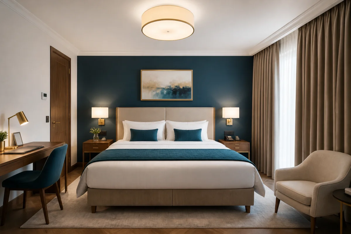 Équipement chambre hôtel moderne avec plafonnier, lampes de chevet, bureau éclairé et rideaux occultants jusqu’au sol