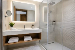Salle de bains d’hôtel élégante avec douche vitrée, lavabo moderne, miroir éclairé et équipements soigneusement disposés