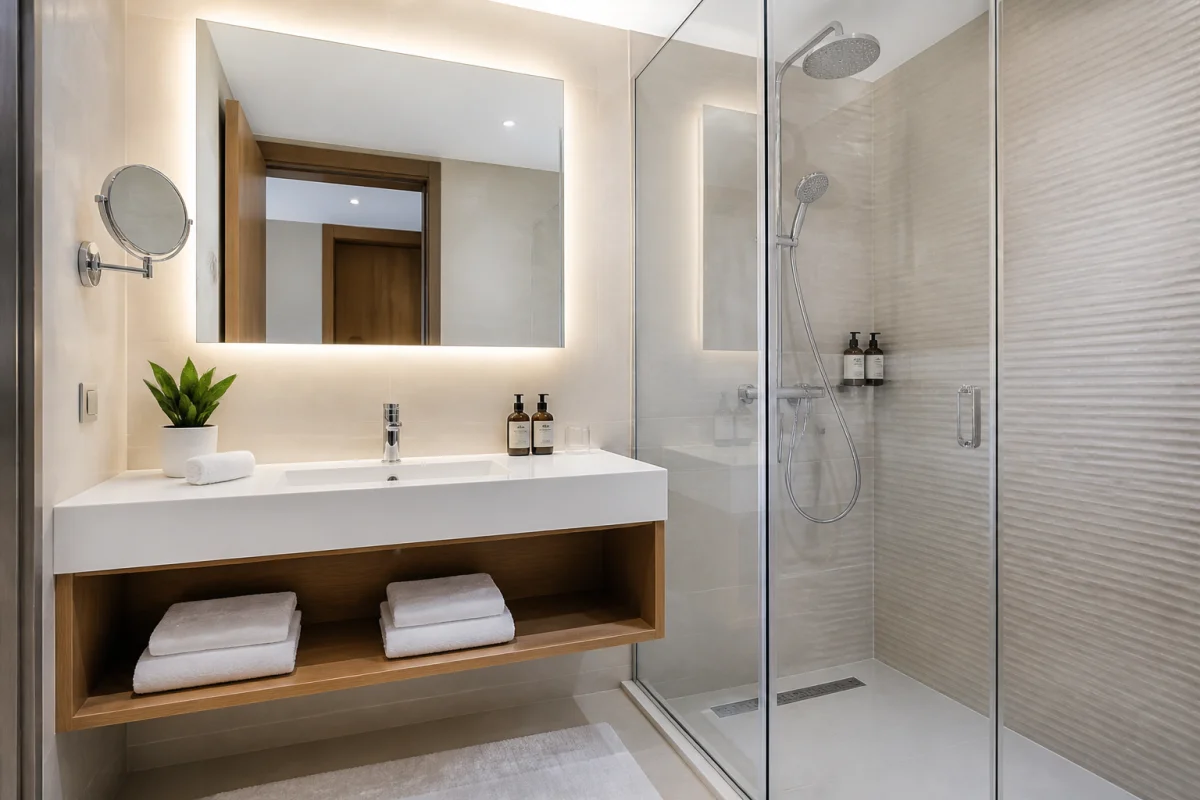 Salle de bains d’hôtel élégante avec douche vitrée, lavabo moderne, miroir éclairé et équipements soigneusement disposés