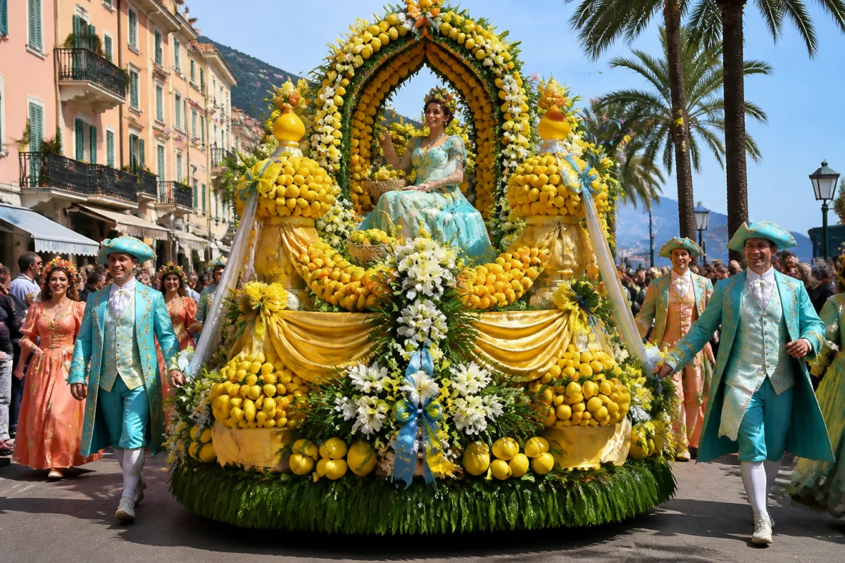 Char décoré de citrons et d’agrumes dorés lors de la Fête du Citron à Menton, accompagné de participants costumés