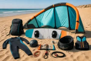 Équipement complet de kitesurf pour débutant sur une plage marocaine, avec aile, planche, harnais et gilet de flottabilité