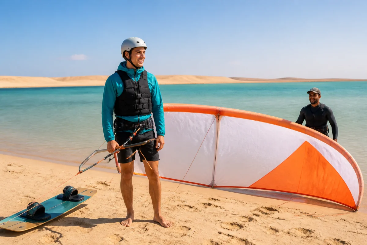 Débutant en kitesurf au Maroc tenant une aile orange et blanche sur la lagune calme de Dakhla sable.