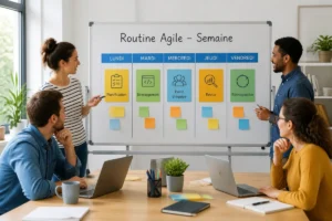 Méthodes agiles pour débutants : équipe planifiant une routine hebdomadaire sur un tableau Kanban coloré