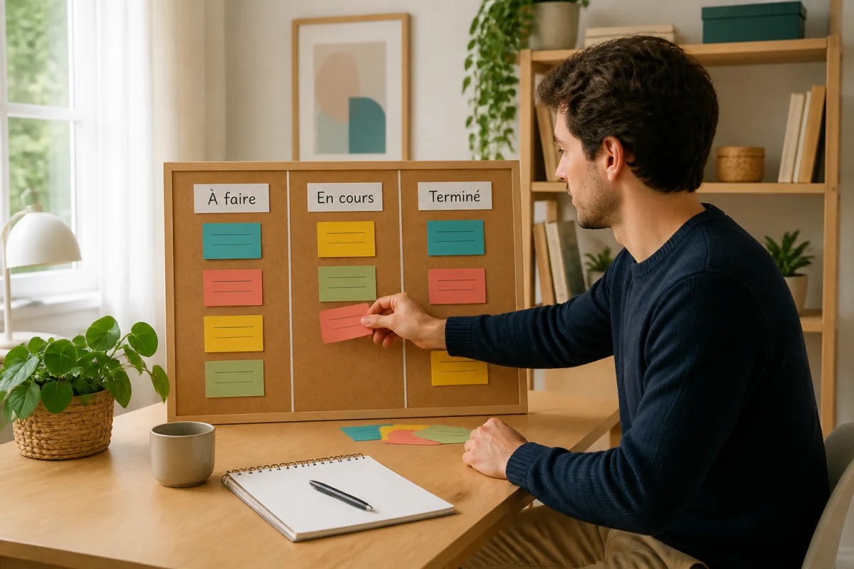 Méthodes agiles pour débutants : personne déplaçant une carte sur un tableau Kanban organisé en colonnes colorées