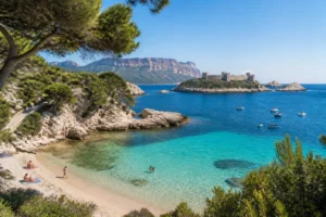 Panorama lumineux de la Riviera Côte d’Azur, dévoilant plage, crique, îles méditerranéennes et eaux turquoise