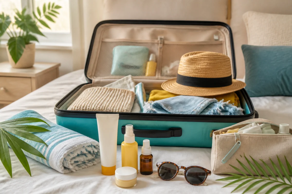 Valise ouverte avec crème solaire, baume hydratant, lunettes, chapeau et essentiels pour préparer sa peau avant un voyage au soleil