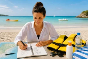 Personne organisant un séjour en bord de mer avec carte côtière, carnet et équipements nautiques sur une plage