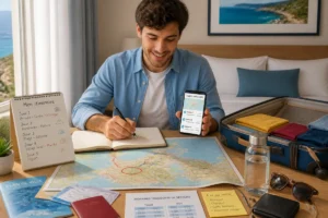 Voyageur préparant un séjour à l’étranger avec carte, itinéraire, carnet de voyage et smartphone près d’une valise ouverte