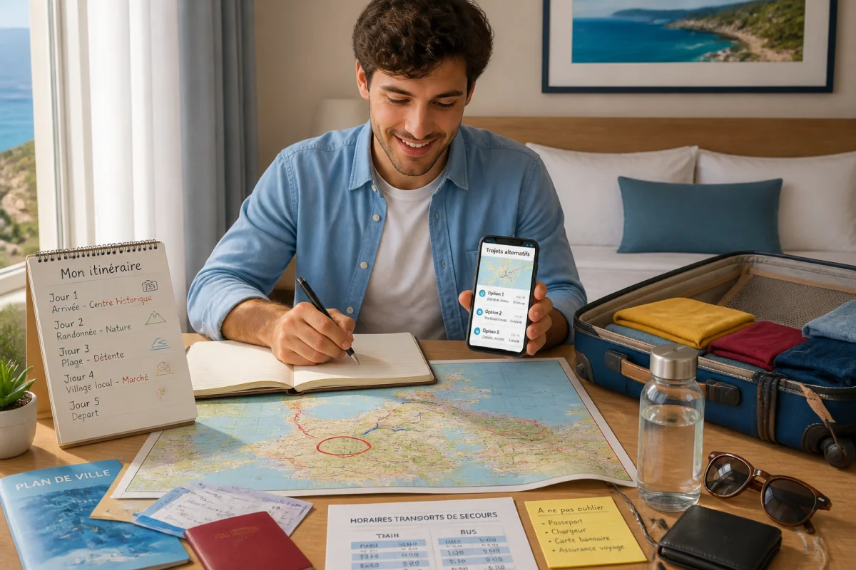 Voyageur préparant un séjour à l’étranger avec carte, itinéraire, carnet de voyage et smartphone près d’une valise ouverte