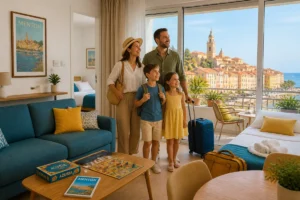 Famille découvrant un appartement lumineux avec terrasse et vue sur Menton, idéal pour préparer un séjour en famille à Menton.