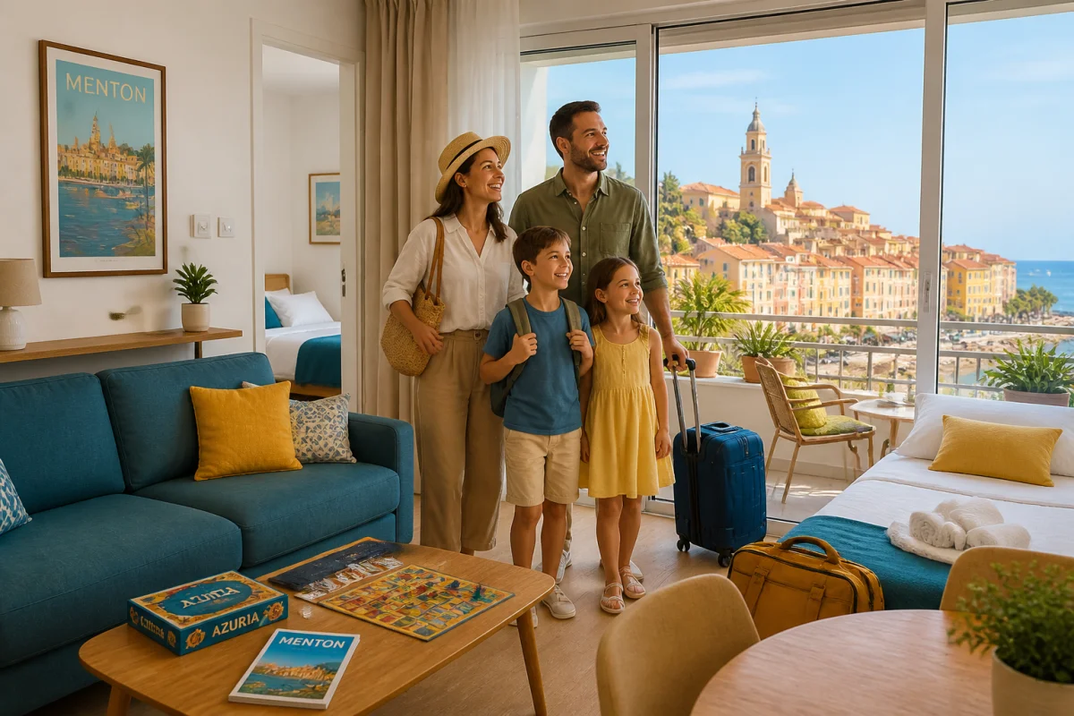 Famille découvrant un appartement lumineux avec terrasse et vue sur Menton, idéal pour préparer un séjour en famille à Menton.