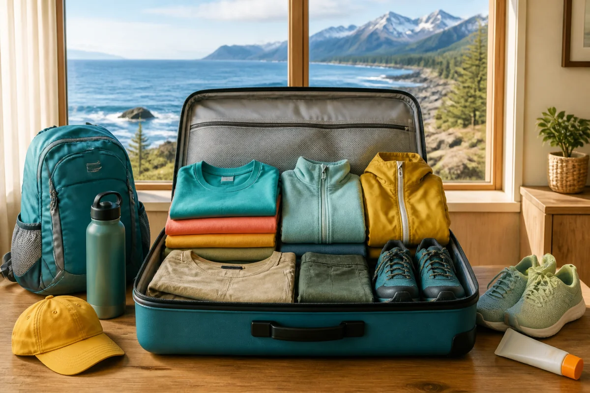Valise ouverte avec vêtements superposables, accessoires de voyage et équipements pour un séjour entre mer et montagne