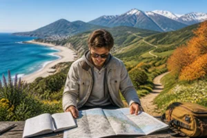 Voyageur préparant un séjour entre mer et montagne avec carte et carnet de voyage ouverts