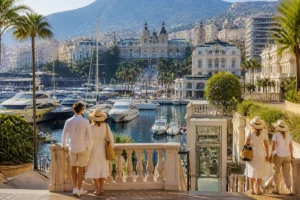 Promeneurs observant les yachts au Port Hercule, avec Monte-Carlo et la place du Casino en arrière-plan.