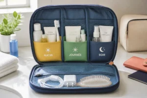 Trousse de voyage ouverte avec produits organisés par moments d’utilisation : matin, journée et soir.