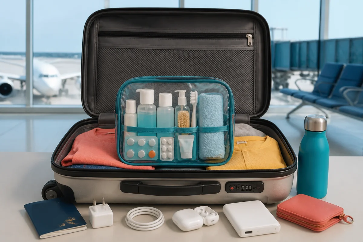 Valise cabine ouverte avec trousse de voyage organisée, produits essentiels, médicaments, chargeurs et accessoires à l’aéroport
