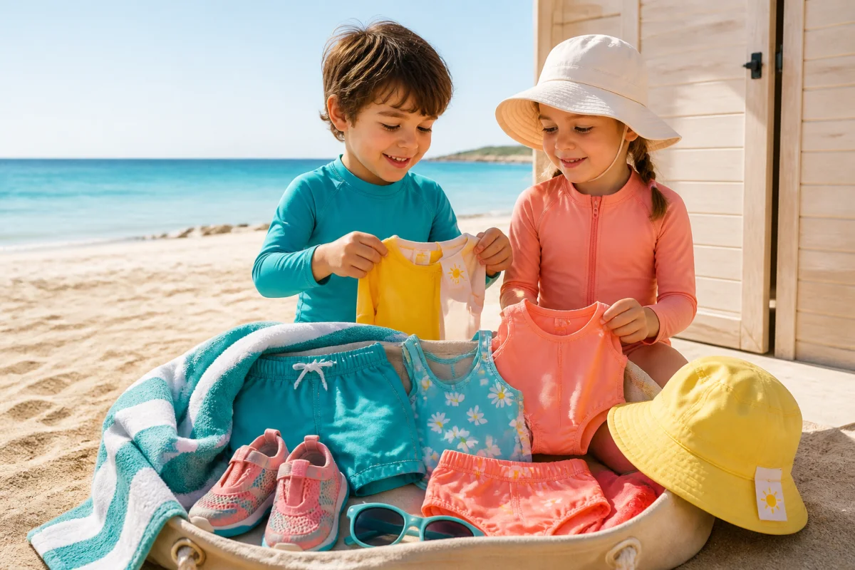 Enfants préparant une valise de plage avec maillots anti-UV, chapeaux, tee-shirts solaires et accessoires de baignade