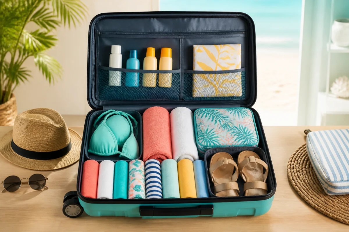 Valise ouverte organisée pour préparer une valise pour la plage avec vêtements, serviettes, maillot, chapeau et accessoires essentiels