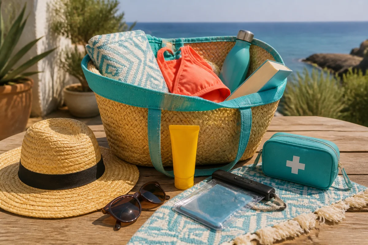 Sac de plage préparé pour un séjour en bord de mer, rempli d’accessoires essentiels sur une terrasse côtière