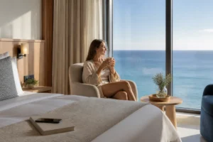 Voyageuse savourant un thé face à la mer dans une chambre d’hôtel, pour préparer un séjour bien-être propice à la détente