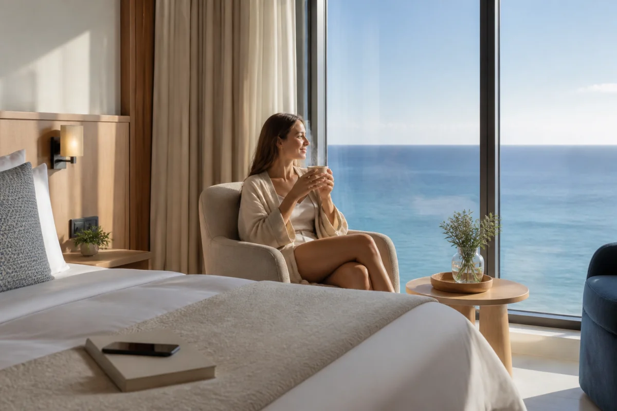 Voyageuse savourant un thé face à la mer dans une chambre d’hôtel, pour préparer un séjour bien-être propice à la détente