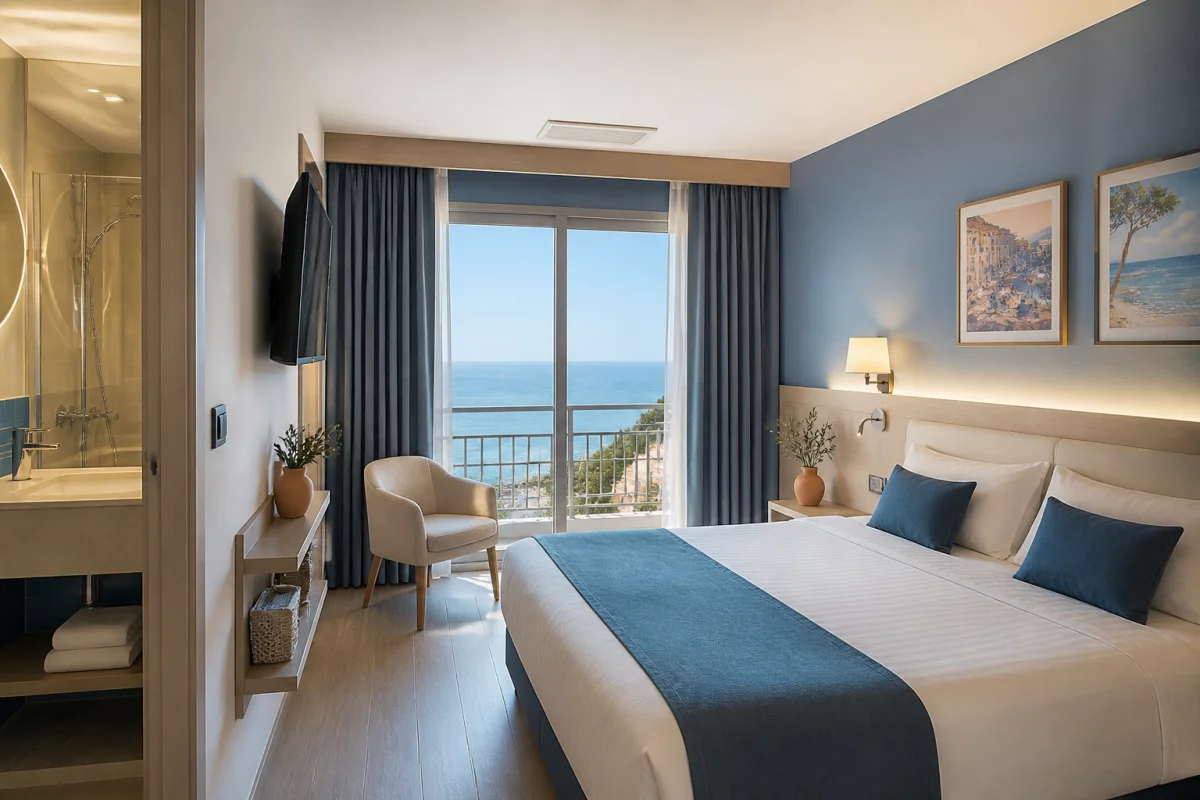 Chambre d’hôtel bien-être à Menton avec lit confortable, vue sur la Méditerranée et ambiance propice au repos
