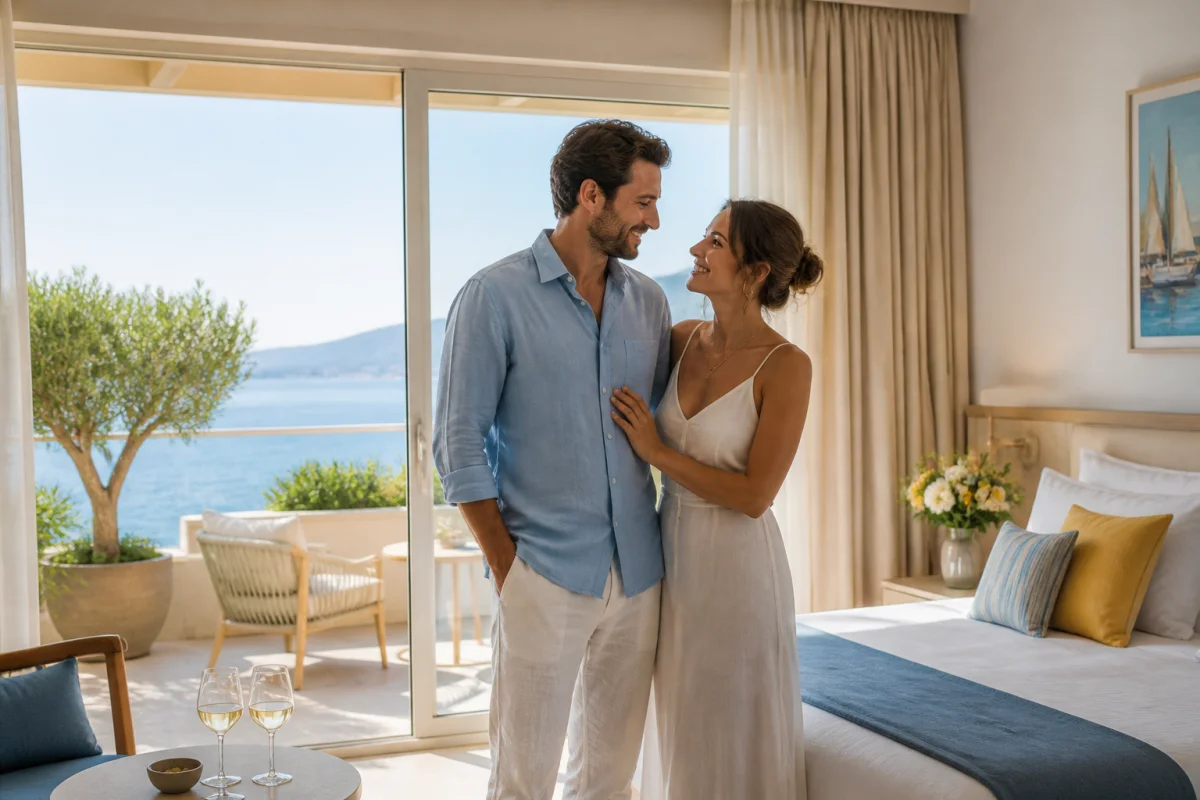 Couple complice dans une suite méditerranéenne avec terrasse sur la mer, idéal pour un séjour en couple sur la Côte d’Azur