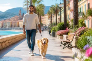 Séjour à Menton avec chien : promenade en bord de mer entre palmiers, jardins fleuris et façades colorées