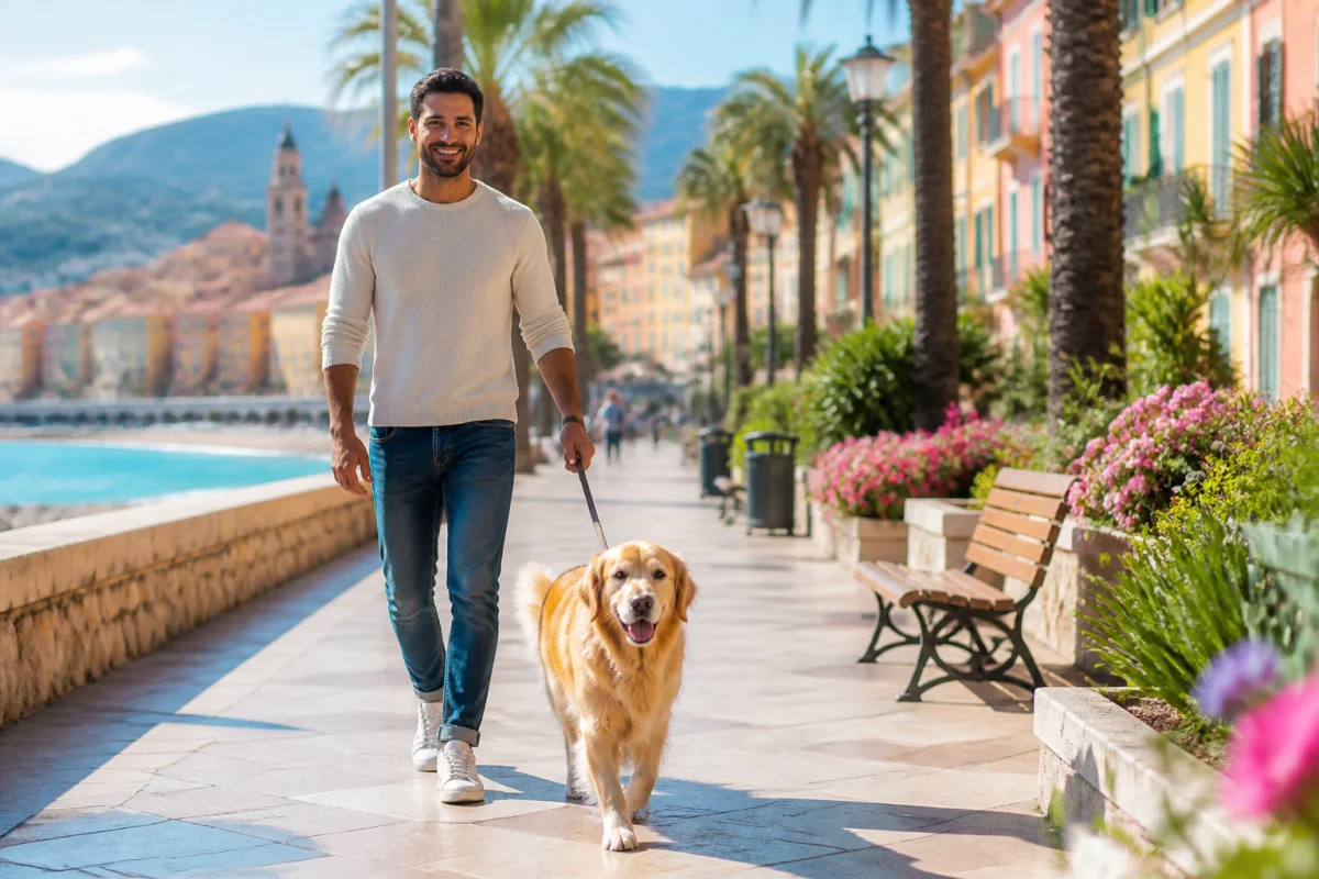 Séjour à Menton avec chien : promenade en bord de mer entre palmiers, jardins fleuris et façades colorées