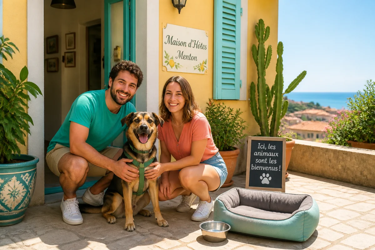 Couple avec chien devant une maison d’hôtes accueillante à Menton, idéale pour un séjour à Menton avec chien