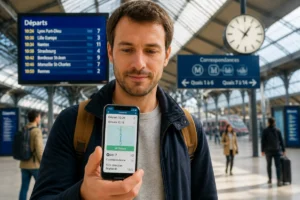 Voyageur consultant un itinéraire de train et les horaires en temps réel sur son smartphone en gare raleway