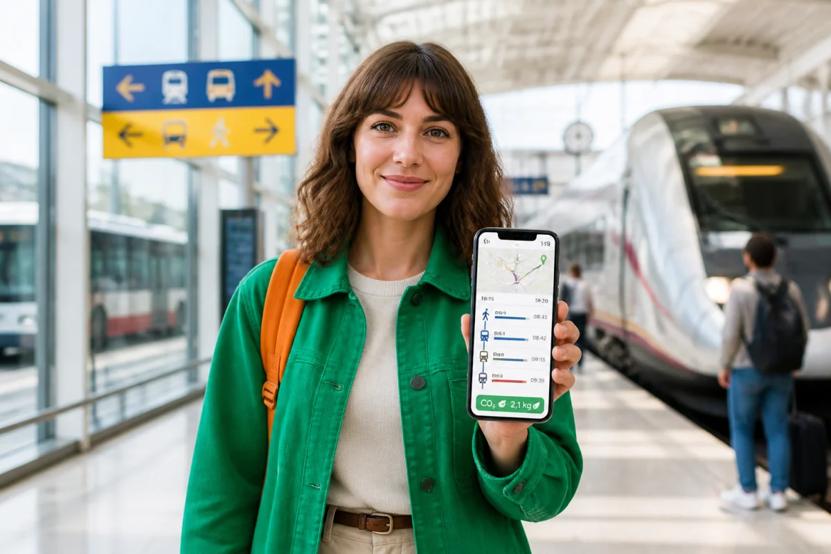 Voyageuse consultant un itinéraire en train sur smartphone dans une gare française, avec correspondances urbaines et horaires en temps réel