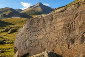 Gravures rupestres anciennes sur une paroi rocheuse de la vallée des Merveilles, entourée de paysages alpins sauvages