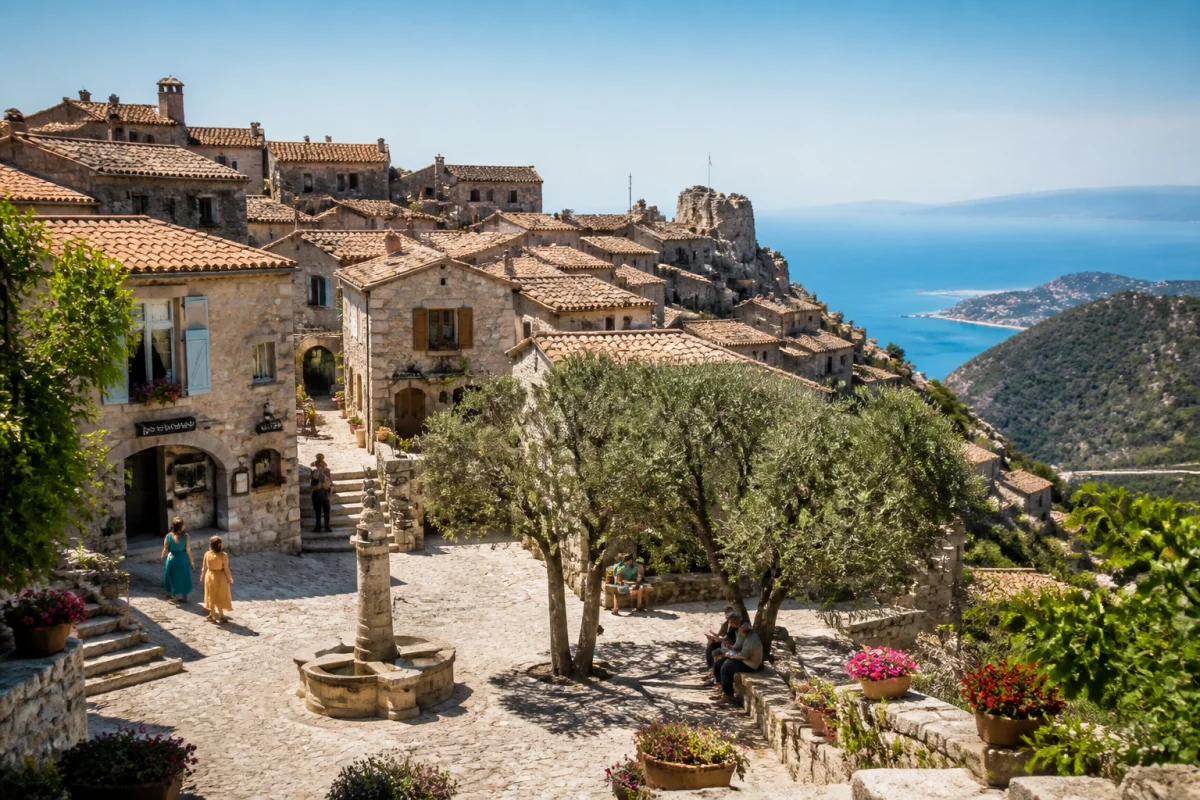 Village médiéval de Sainte-Agnès sur la Riviera Côte d’Azur, maisons en pierre et panorama sur la Méditerranée