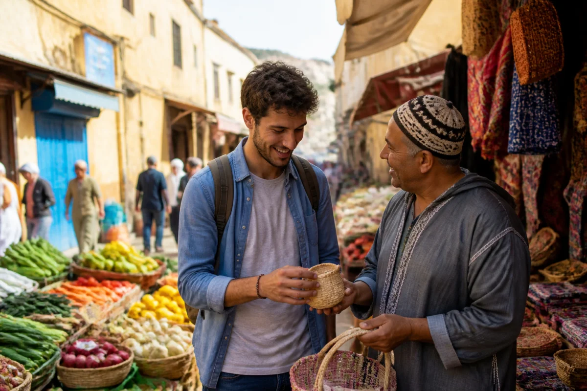 Voyageur souriant découvrant un marché local avec un artisan présentant des produits régionaux dans une rue traditionnelle