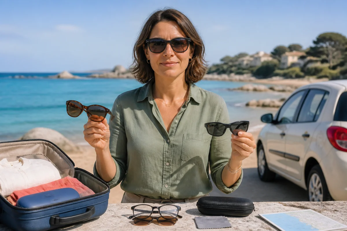 Voyageuse équipée pour voyager avec des lunettes de soleil, seconde paire, étui rigide et accessoires sur une promenade maritime.