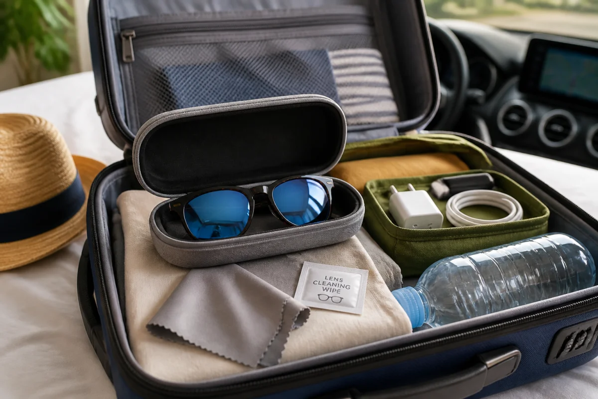 Lunettes de soleil protégées dans un étui rigide, avec chiffon en microfibre, rangées dans une valise organisée pour voyager sereinement