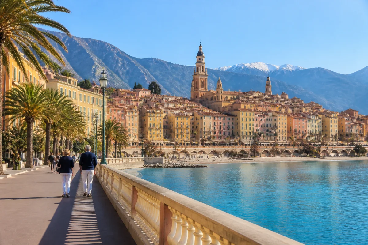 Vue panoramique de Menton depuis le quai Impératrice Eugénie, baie méditerranéenne, vieille ville colorée et montagnes alpines